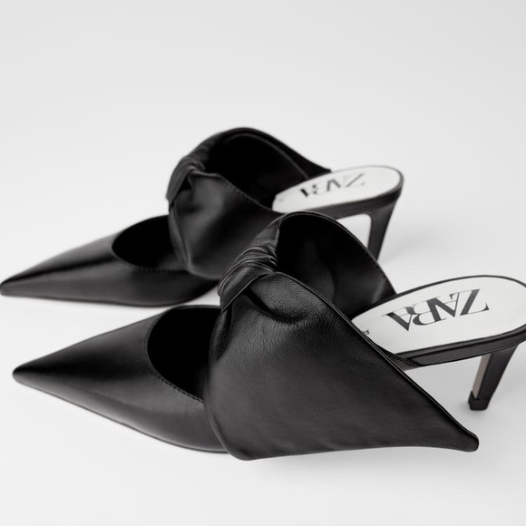 ZARA 100% LEATHER BLACK SLINGBACK HEELS WITH BOW NEW WITH TAGS US 6.5 EUR 37 - Picture 2 of 7
